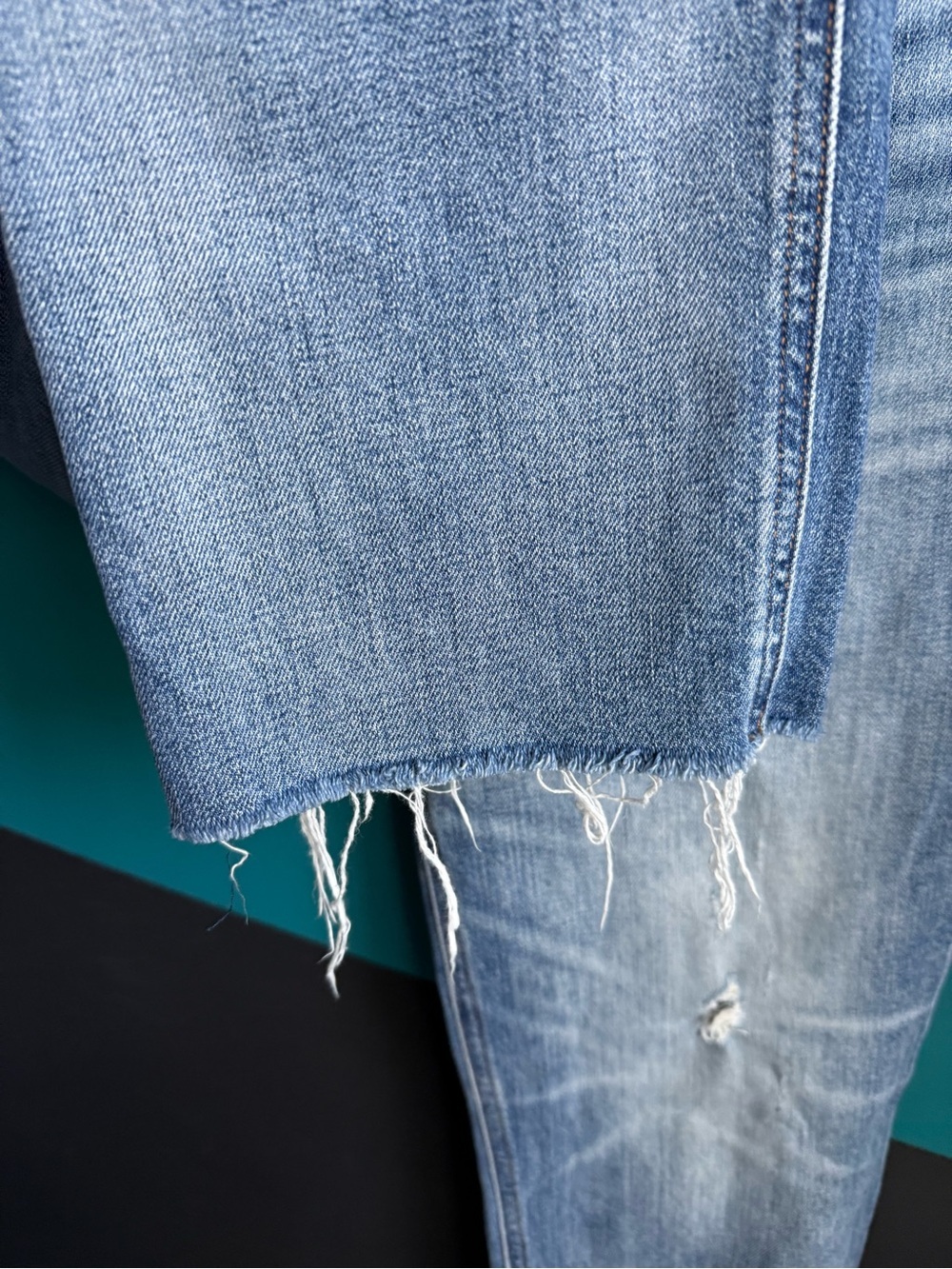 Denim Forum Light Blue Denim Jeans with Tan Stitching The Arlo Highrise Straight - Picture 4 of 14